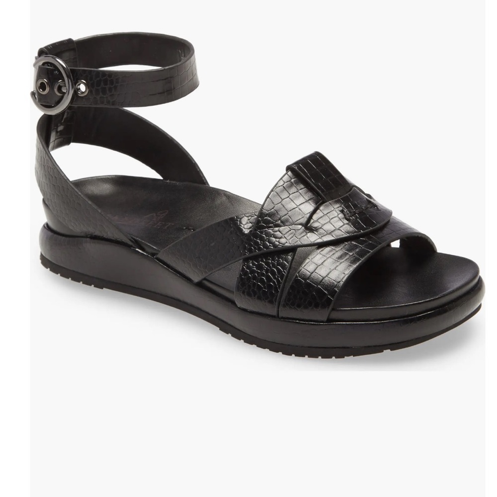NAKED FEET Limon Ankle Strap Sandal - Black Croc Embossed Size 8.5